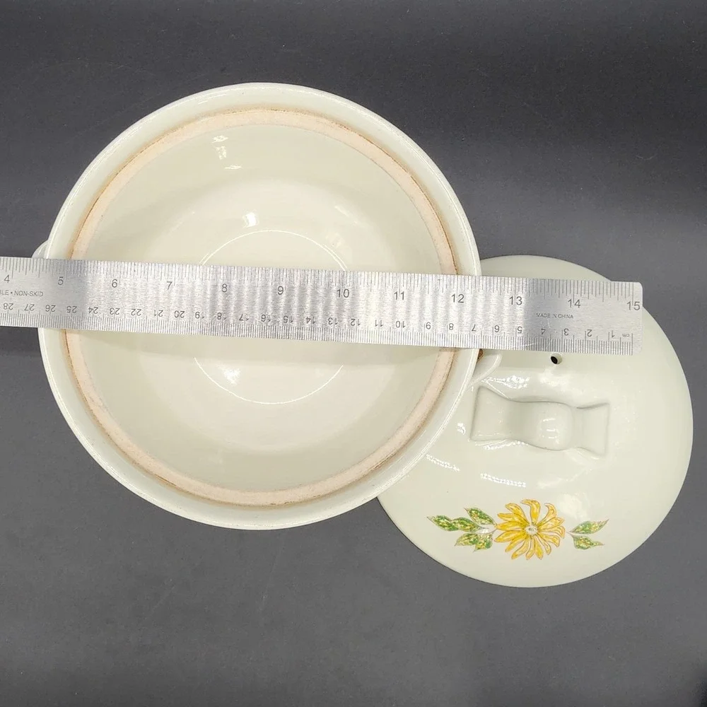 Vintage Sunflower Ceramic Casserole Dish Lid Cream Yellow Floral Cottage MCM
